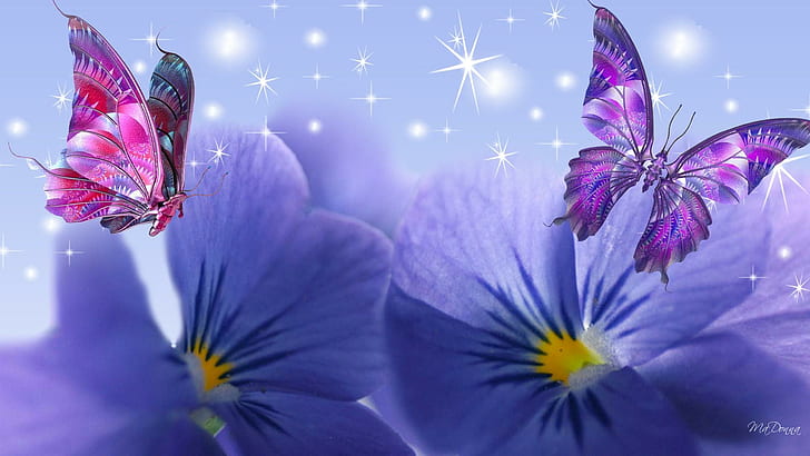Violets Butterflies, firefox persona, sparkles, violelt, purple, summer, flowers, glow spots, pink, 3d and abstract, HD wallpaper