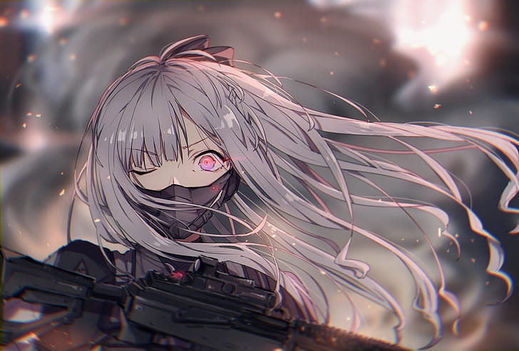 gadis anime, Girls Frontline, senjata, senjata, rambut panjang, video game, AK-12, mata merah, topeng, Wallpaper HD