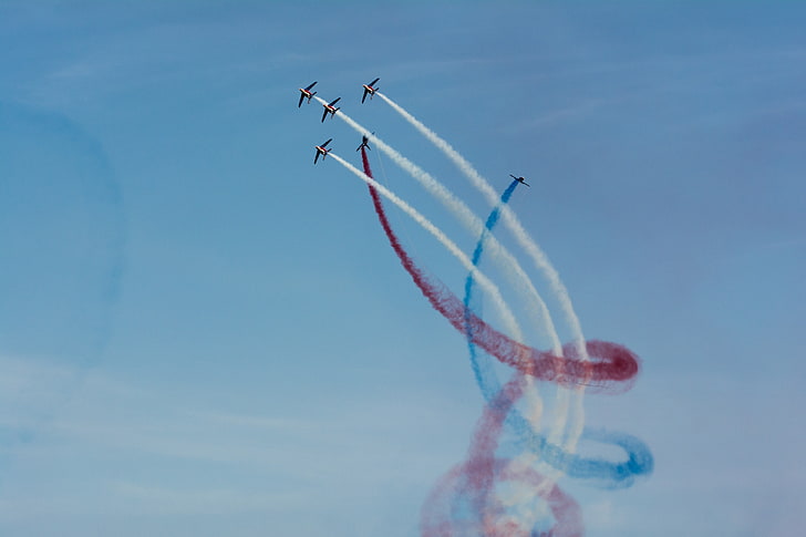five grey airplanes, airshows, airplane, Patrouille de France, contrails, aircraft, vehicle, HD wallpaper