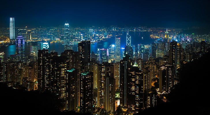 Гонконг, ночь, городские огни, огни, уличный фонарь, HD обои
