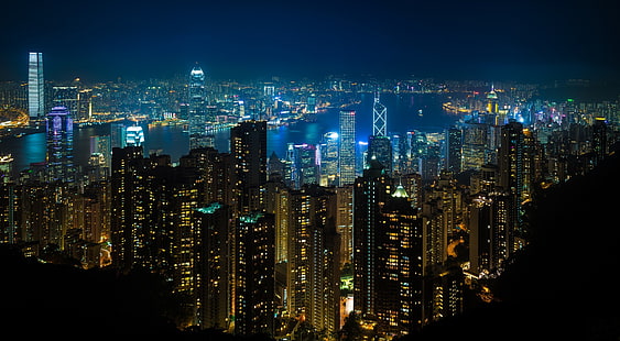 هونغ كونغ ، الليل ، أضواء المدينة ، الأضواء ، إنارة الشوارع، خلفية HD HD wallpaper