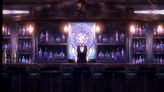 Anime, Death Parade, Bar, Bottle, Chair, Decim (Death Parade), White Hair, HD wallpaper HD wallpaper