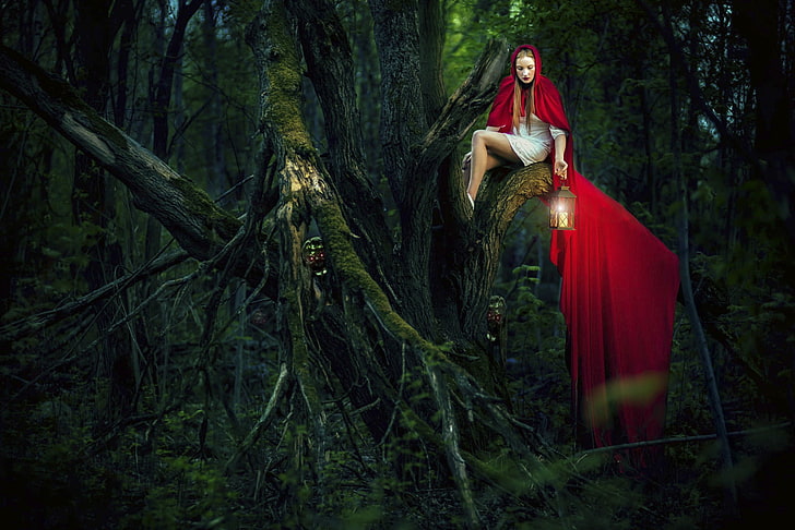 fairy-tale, forest, girl, knees, lantern, legs, little-red-riding-hood, model, photography, woman, HD wallpaper