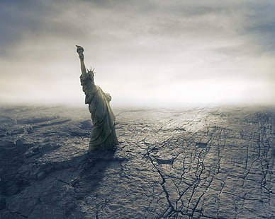 Статуя на свободата, пустиня, бедствие, Апокалипсис, фантастичен, американски, Статуя на свободата, сух, пукнатини, катастрофа, Армагедон, HD тапет HD wallpaper