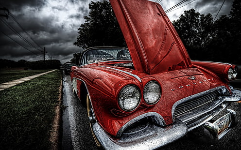 червено превозно средство, стара кола, Corvette, 1961 Chevrolet Corvette, кола, червени автомобили, HDR, класическа кола, HD тапет HD wallpaper