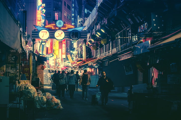city streets, Japan, night, town, city, HD wallpaper