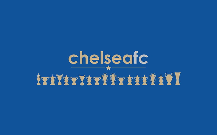 brown text overlay, Chelsea FC, blue background, soccer, digital art, typography, simple, minimalism, sport , sports, HD wallpaper