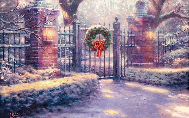 red and green Christmas wreath, snow, Gate, lights, decoration, painting, Thomas Kinkade, Christmas, Christmas Gate, HD wallpaper