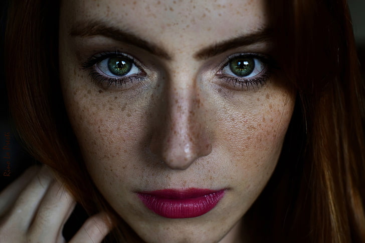 women, model, face, portrait, freckles, green eyes, HD wallpaper