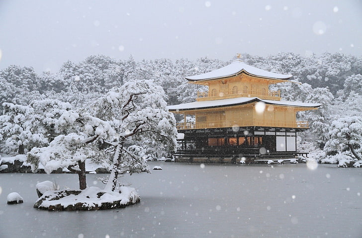 Świątynie, Kinkaku-ji, Japonia, Kioto, Opady śniegu, Złoty Pawilon, Tapety HD