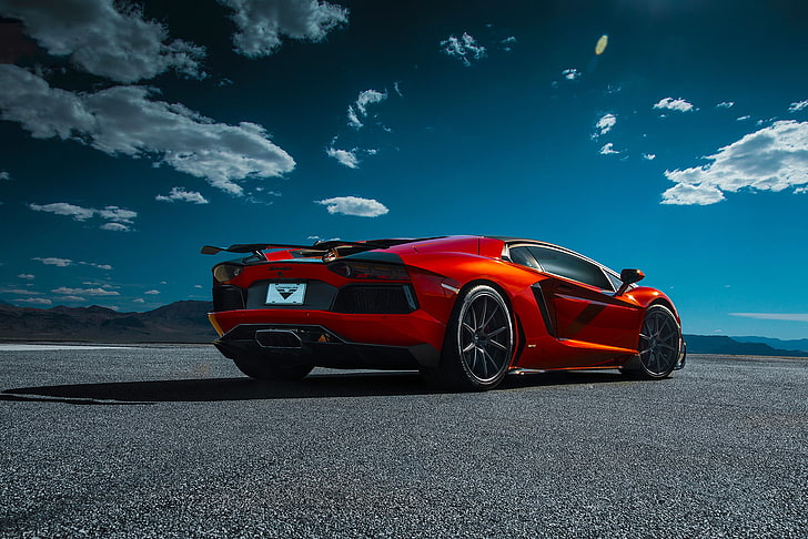 Красный суперкар, Lamborghini, Оранжевый, Облака, Небо, Vorsteiner, Суперкар, Пустыня, Сзади, Сарагоса, Авентадор-V, LP740-4, HD обои
