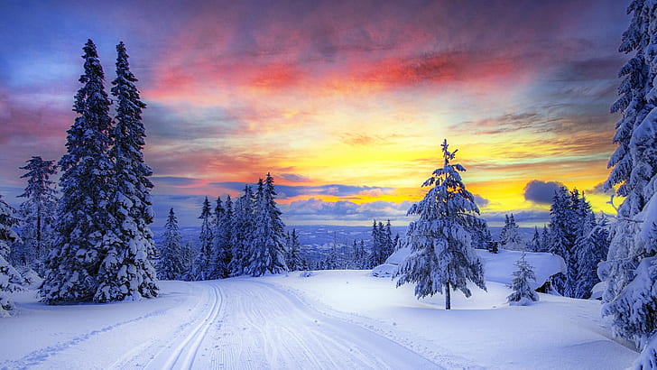 Зимен залез гора, сняг, небе, гора, дървета, зима, залез, HD тапет
