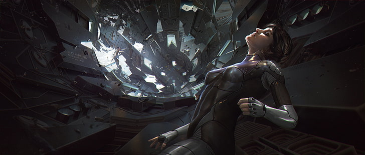black haired female illustration, the wreckage, girl, space, fiction, figure, disaster, the suit, art, costume, spaceship, sci-fi, weightlessness, debris, space suit, wreck, catastrophe, zero gravity, by Efflam Mercier, depressurization, decompression, HD wallpaper