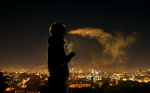 silhouette of man, boy, cigarette, cities, lights, males, men, mood, night, people, scenic, smoke, solitude, tranquil, HD wallpaper HD wallpaper