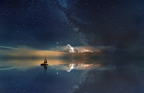 платноходка по море цифрови тапети, звездно небе, лодка, отражение, платно, нощ, HD тапет HD wallpaper