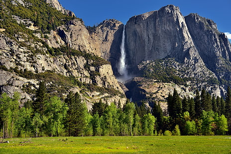 vattenfall i landskapsfotografering på bergssidan, Yosemite Falls, fångad, morgon, solljus, Yosemite National Park, vattenfall, berg, fotografi, Blue Skies, Canvas, Capture, NX2, Redigerad, Central, Yosemite, Sierra, Färg, Pro Day, dag 4 Gräsbevuxen, äng, sluttning, träd, indisk, kanjon, landskap, NE, berg, avstånd, natur, Nikon D800E, Pacific Ranges, portfölj, Sierra Nevada, resa, Paso Robles, övre, Yosemite Fall, vattenfall, punkt, Yosemite Valley , USA, scenics, utomhus, sommar, skog, HD tapet HD wallpaper
