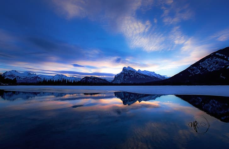 winter, the sky, mountains, lake, reflection, Canada, Albert, Banff National Park, Alberta, Mount Rundle, Canadian Rockies, Vermilion Lakes, Lake Vermilion, HD wallpaper