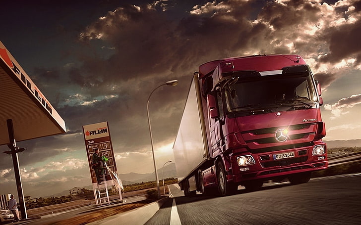 red Mercedes-Benz freight truck, Mercedes-Benz, trucks, Truck, vehicle, clouds, HD wallpaper