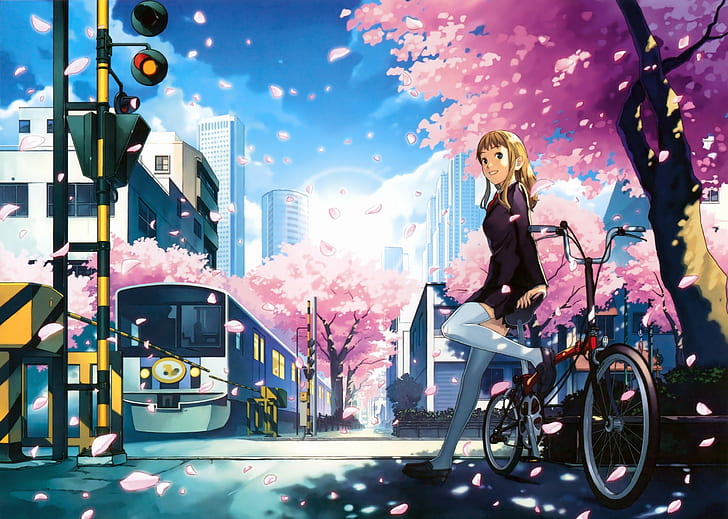 akatsuki, bicycle, blonde, blossoms, blue, building, cherry, city, eyes, hair, katou, long, original, thighhighs, train, tree, HD wallpaper