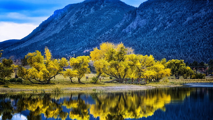 água, Colorado, Estados Unidos, EUA, Lago Palmer, área de lazer Palmer Lake, árvore, reserva natural, reflexão, lago, outono, céu, montanha, lago de montanha, folhas amarelas, região selvagem, natureza, HD papel de parede