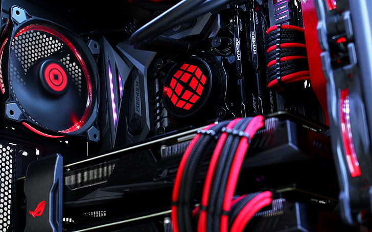 ASUS, PC gaming, graphics card, SLi, cooling fan, red, HD wallpaper