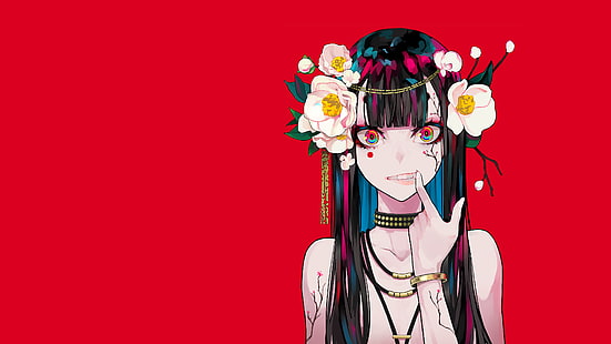 karya seni, minimalis, gadis anime, anime, bunga di rambut, latar belakang merah, latar belakang sederhana, berwarna-warni, Wallpaper HD HD wallpaper
