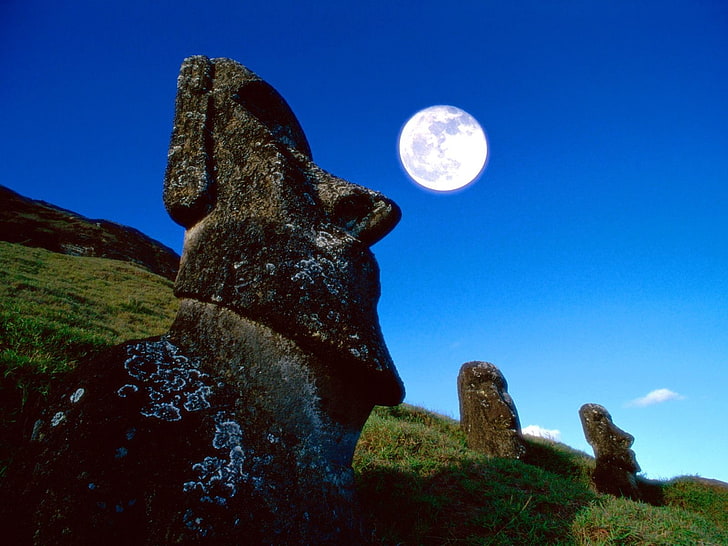 Моаи, Великденски остров, древен, статуя, Луна, глава, HD тапет