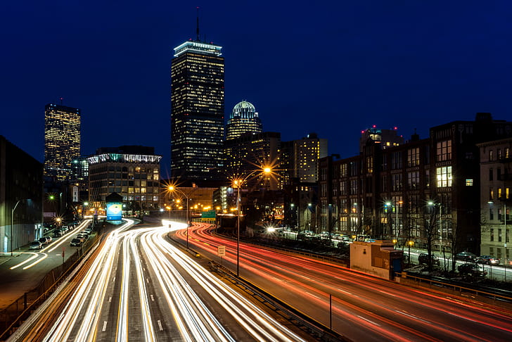 time lapse photo of highway and  buildings, boston, boston, Traffic, downtown Boston, just after sunset, time lapse, photo, highway, buildings, skyline, long exposure, night, cityscape, urban Scene, street, architecture, illuminated, dusk, city, urban Skyline, downtown District, built Structure, building Exterior, famous Place, HD wallpaper