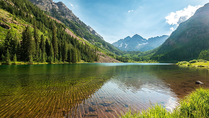 Cuerpo de agua y montaña, Colorado, campanas de color marrón, paisaje, Fondo de pantalla HD