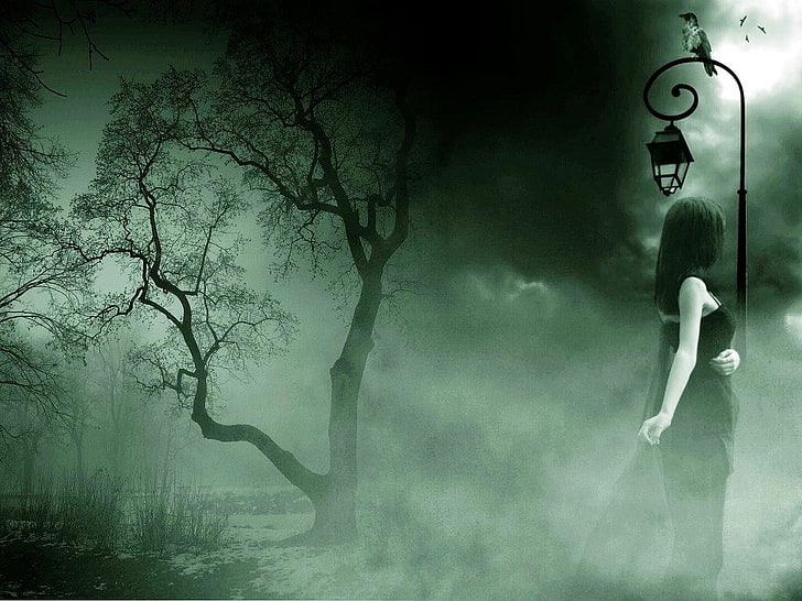 kvinna som bär klänning nära lampstolpe, gotisk, dimma, spöklik, HD tapet