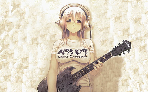 Anime Girls, Casque, Guitare, Anime, Super Sonico, anime girls, casque, guitare, anime, super sonico, Fond d'écran HD HD wallpaper