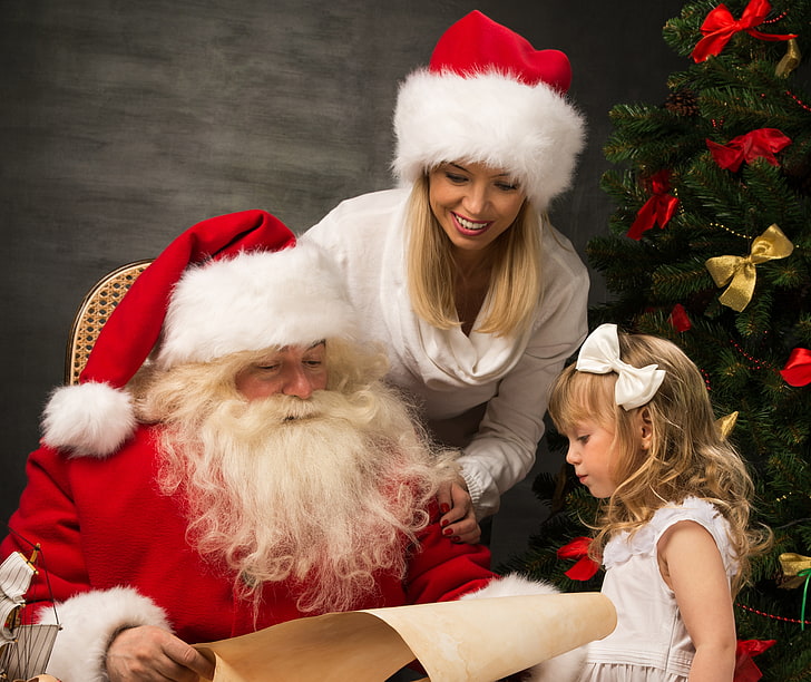 Santa Claus costume, girl, smile, holiday, hat, tree, new year, Christmas, Santa Claus, HD wallpaper