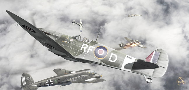 gray and fighting planes game application, aviation, art, the British, the Germans, aircraft, The second world war, dogfight, HD wallpaper HD wallpaper