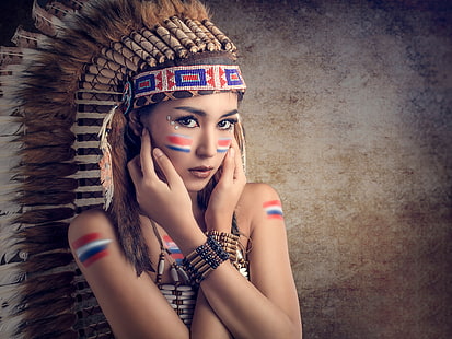 pióra, makijaż, kolorystyka, Saipan, nakrycie głowy, Chakrit Chanpen, Thai Model, Tapety HD HD wallpaper