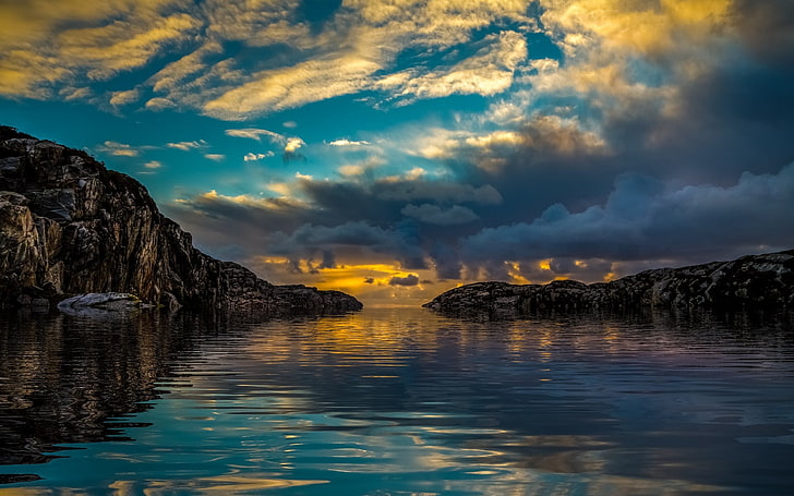 nature, landscape, sunset, coast, sky, sea, reflection, clouds, sunlight, rock, water, blue, HD wallpaper