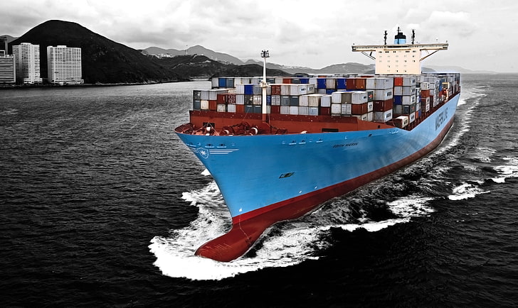 blått transportfartyg, vatten, hav, blått, fartyget, ett containerfartyg, tank, svartvitt, behållare, Maersk, på språng, Edith, glödlampa, HD tapet