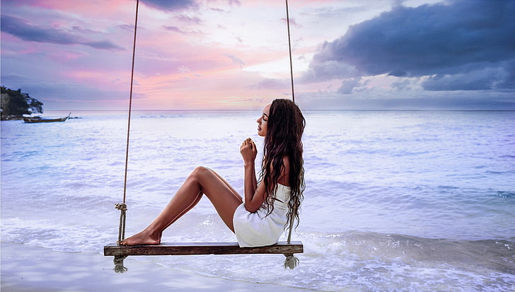 beach, sea, women outdoors, women, model, Ivan Gorokhov, swings, sky, HD wallpaper