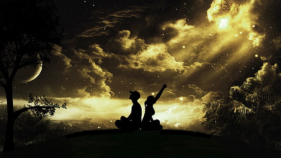 silhuett av man och kvinna som sitter, himlen, flicka, stjärnor, moln, träd, natt, månen, mössa, kille, silhuetter, HD tapet HD wallpaper