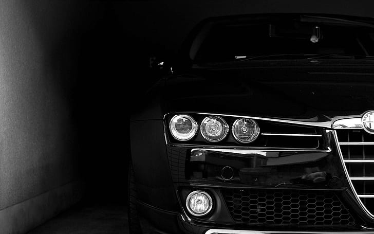 hitam, mobil, Alfa Romeo, wajah, Lampu depan, gelap, Wallpaper HD