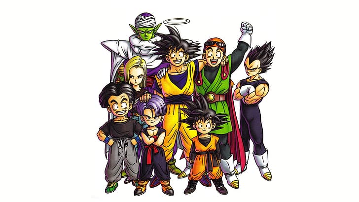 Dragon Ball, Dragon Ball Z, fundo simples, Piccolo, Son Gohan, Gohan, Son Goku, Vegeta, Son Goten, Trunks (personagem), troncos, Kuririn, Android 18, HD papel de parede