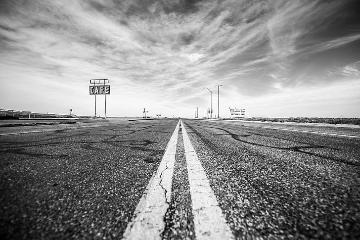 photo of white and black concrete road, I Need, Get Back, Out on the Road, on the Road Again, photo, white, black, concrete road, Adrian, MidPoint Cafe, Route 66, Texas, USA, United States of America, bw, neon, HD wallpaper