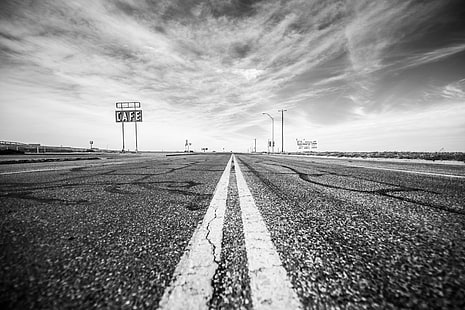 photo of white and black concrete road, I Need, Get Back, Out on the Road, on the Road Again, photo, white, black, concrete road, Adrian, MidPoint Cafe, Route 66, Texas, USA, United States of America, bw, neon, HD wallpaper HD wallpaper