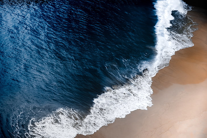 blue and brown beach, aerial photography of ocean waves on seashore, nature, water, beach, cyan, blue, waves, HD wallpaper