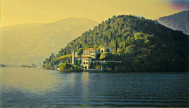 house near mountain on body of water, filter, photography, mansions, water, Photoshop, HD wallpaper