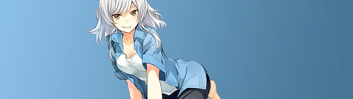 donna in camicia blu con colletto personaggio anime carta da parati digitale, anime girls, serie Monogatari, Hanekawa Tsubasa, Neko Hanekawa, abbigliamento blu, capelli bianchi, Sfondo HD