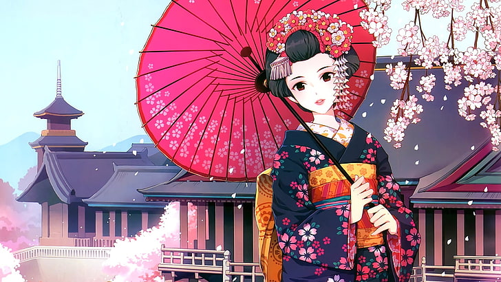 аниме, аниме момичета, кимоно, азиатска архитектура, черешов цвят, чадър, японски чадър, японски дрехи, гейша, HD тапет