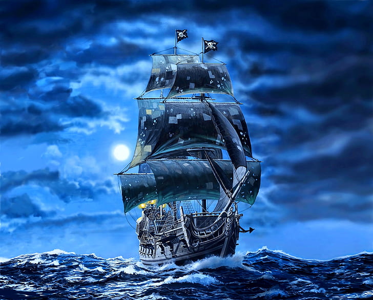 Schiff, Kunst, Piraten, schwarze Segel, Galeone, schwarze Perle, HD-Hintergrundbild