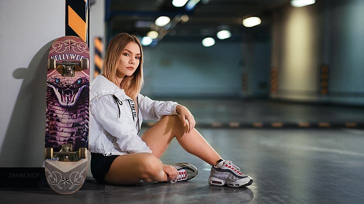 look, girl, pose, feet, Parking, sneakers, skateboard, Artem Castle, HD wallpaper