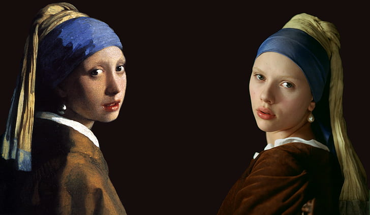 p aintings scarlett johansson произведение на изкуството johannes vermeer момичето с перлена обица шедьовър огледало известна жена, HD тапет