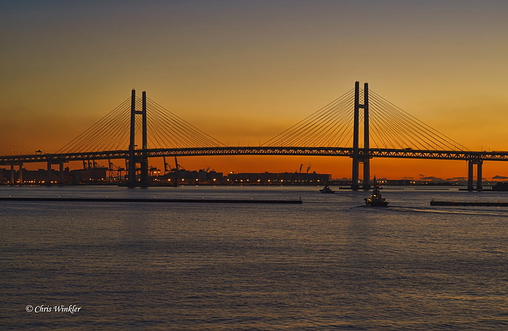 Yokohama Bay Bridge all'alba, Asia, Giappone, Sunrise, Sony, Cityscape, Harbour, Alpha, baybridge, autofocus, kanagawa, yokohama, minatomirai, Sfondo HD